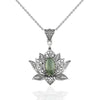 Filigree Art Prehnite Gemstone Blossoming Lotus Flower Women Silver Pendant Necklace