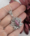 Filigree Art Rhodonite Gemstone Blossoming Lotus Flower Women Silver Pendant Necklace