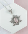 Filigree Art Rose Quartz Gemstone Blossoming Lotus Flower Women Silver Pendant Necklace