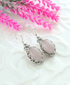 Filigree Art Rose Quartz Gemstone Crown Figured Women Silver Oval Drop Earrings