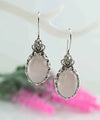 Filigree Art Rose Quartz Gemstone Crown Figured Women Silver Oval Drop Earrings