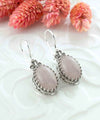 Filigree Art Rose Quartz Gemstone Heart Detailed Women Silver Oval Drop Earrings