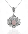 Filigree Art Rose Quartz Gemstone Lotus Flower Women Silver Pendant Necklace