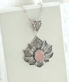 Filigree Art Rose Quartz Gemstone Lotus Flower Women Silver Pendant Necklace