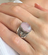 Sterling Silver Filigree Art Rose Quartz Gemstone Tulip Detailed Women Cocktail Ring