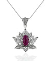 Filigree Art Ruby Corundum Gemstone Blossoming Lotus Flower Women Silver Pendant Necklace