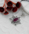 Filigree Art Ruby Corundum Gemstone Blossoming Lotus Flower Women Silver Pendant Necklace
