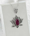 Filigree Art Ruby Corundum Gemstone Blossoming Lotus Flower Women Silver Pendant Necklace