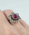 Filigree Art Ruby Corundum Gemstone Daisy Flower Women Silver Cocktail Ring