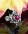 Filigree Art Ruby Corundum Gemstone Daisy Flower Women Silver Cocktail Ring