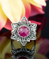 Filigree Art Ruby Corundum Gemstone Daisy Flower Women Silver Cocktail Ring