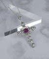 Filigree Art Ruby Corundum Gemstone Silver Cross Design Women Pendant Necklace