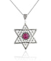 Filigree Art Ruby Corundum Gemstone Star of David Women Silver Pendant Necklace