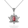 Filigree Art Ruby Gemstone Blossoming Lotus Flower Women Silver Pendant Necklace