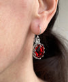Filigree Art Ruby Quartz Gemstone Crown Figured Women Silver Oval Drop Earrings
