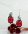Filigree Art Ruby Quartz Gemstone Crown Figured Women Silver Oval Drop Earrings