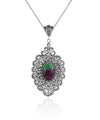 Filigree Art Ruby Zoisite Gemstone Floral Figured Women Silver Oval Pendant Necklace