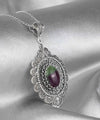 Filigree Art Ruby Zoisite Gemstone Floral Figured Women Silver Oval Pendant Necklace