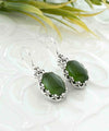 Filigree Art Serpentine Gemstone Crown Figured Women Silver Oval Drop Earrings