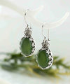 Filigree Art Serpentine Gemstone Crown Figured Women Silver Oval Drop Earrings