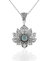 Filigree Art Silver Lotus Flower Aqua Chalcedony Gemstone Women Pendant Necklace
