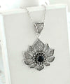 Filigree Art Silver Lotus Flower Black Onyx Gemstone Women Pendant Necklace
