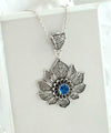 Filigree Art Silver Lotus Flower Blue Quartz Gemstone Women Pendant Necklace