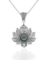Filigree Art Silver Lotus Flower Blue Topaz Gemstone Women Pendant Necklace