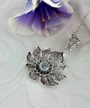 Filigree Art Silver Lotus Flower Blue Topaz Gemstone Women Pendant Necklace
