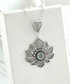 Filigree Art Silver Lotus Flower Blue Topaz Gemstone Women Pendant Necklace