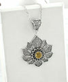 Filigree Art Silver Lotus Flower Citrine Gemstone Women Pendant Necklace
