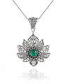 Filigree Art Silver Lotus Flower Emerald Gemstone Women Pendant Necklace