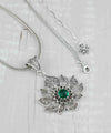 Filigree Art Silver Lotus Flower Emerald Gemstone Women Pendant Necklace