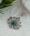 Filigree Art Silver Lotus Flower Malachite Gemstone Women Pendant Necklace