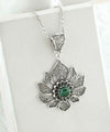 Filigree Art Silver Lotus Flower Malachite Gemstone Women Pendant Necklace
