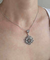 Filigree Art Silver Lotus Flower Pink Chalcedony Gemstone Women Pendant Necklace