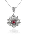 Filigree Art Silver Lotus Flower Ruby Gemstone Women Pendant Necklace