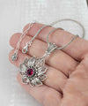 Filigree Art Silver Lotus Flower Ruby Gemstone Women Pendant Necklace