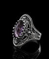 Filigree Art Sterling Silver Women Oval Statement Ring with February Birthstone Amethyst Gemstone
