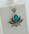 Filigree Art Turquoise Gemstone 3D Lotus Flower Women Silver Pendant Necklace