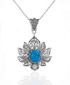 Filigree Art Turquoise Gemstone Lotus Flower Women Silver Pendant Necklace