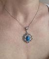 Filigree Art Turquoise Gemstone Lotus Flower Women Silver Pendant Necklace