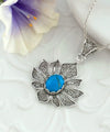 Filigree Art Turquoise Gemstone Lotus Flower Women Silver Pendant Necklace