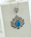 Filigree Art Turquoise Gemstone Lotus Flower Women Silver Pendant Necklace