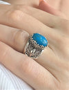 Sterling Silver Filigree Art Turquoise Gemstone Tulip Detailed Women Cocktail Ring