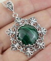 Filigree Silver Flower Figured Malachite Gemstone Woman Pendant Necklace FiligranIst