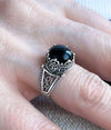 Greek Key Pattern Filigree Art Black Onyx Gemstone Women Silver Cocktail Ring