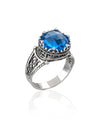Greek Key Pattern Filigree Art Blue Quartz Gemstone Women Silver Cocktail Ring