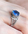 Greek Key Pattern Filigree Art Blue Quartz Gemstone Women Silver Cocktail Ring