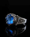 Greek Key Pattern Filigree Art Blue Quartz Gemstone Women Silver Cocktail Ring
